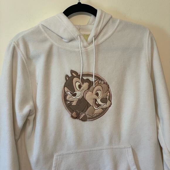 90s Vintage Disney XL fleece hoodie Chip and Dale white cabincore pocket NUTTY - Picture 2 of 7